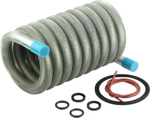 Bosch Wärmetauscher in spiraliger Form, aus Metall mit zwei Enden in Blau. Dazu gehören Dichtungen und ein rotes Rohr.